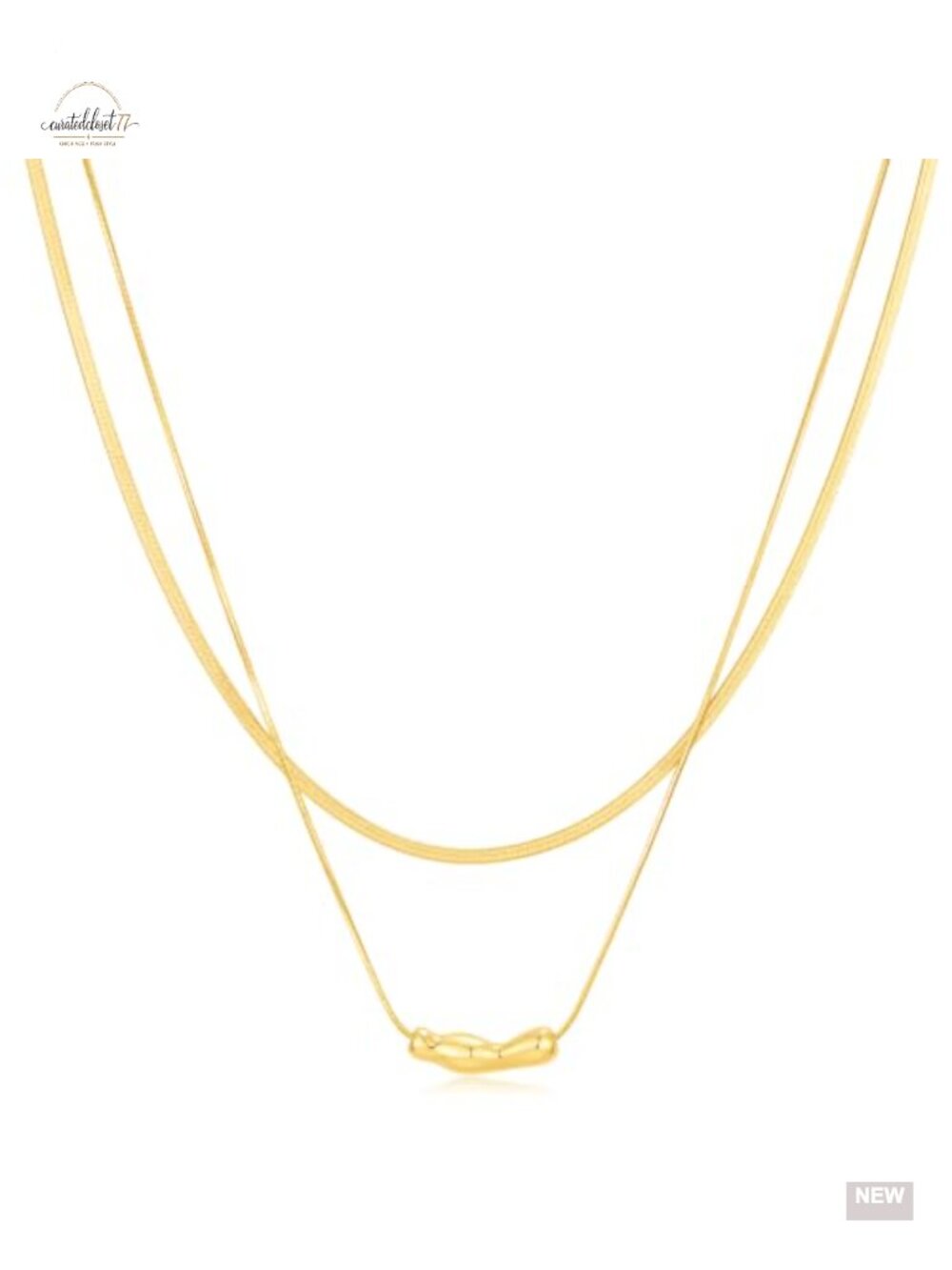 14K Gold Plated Dainty Snake Chain Layered Necklace with Irregular Bar Pendant
